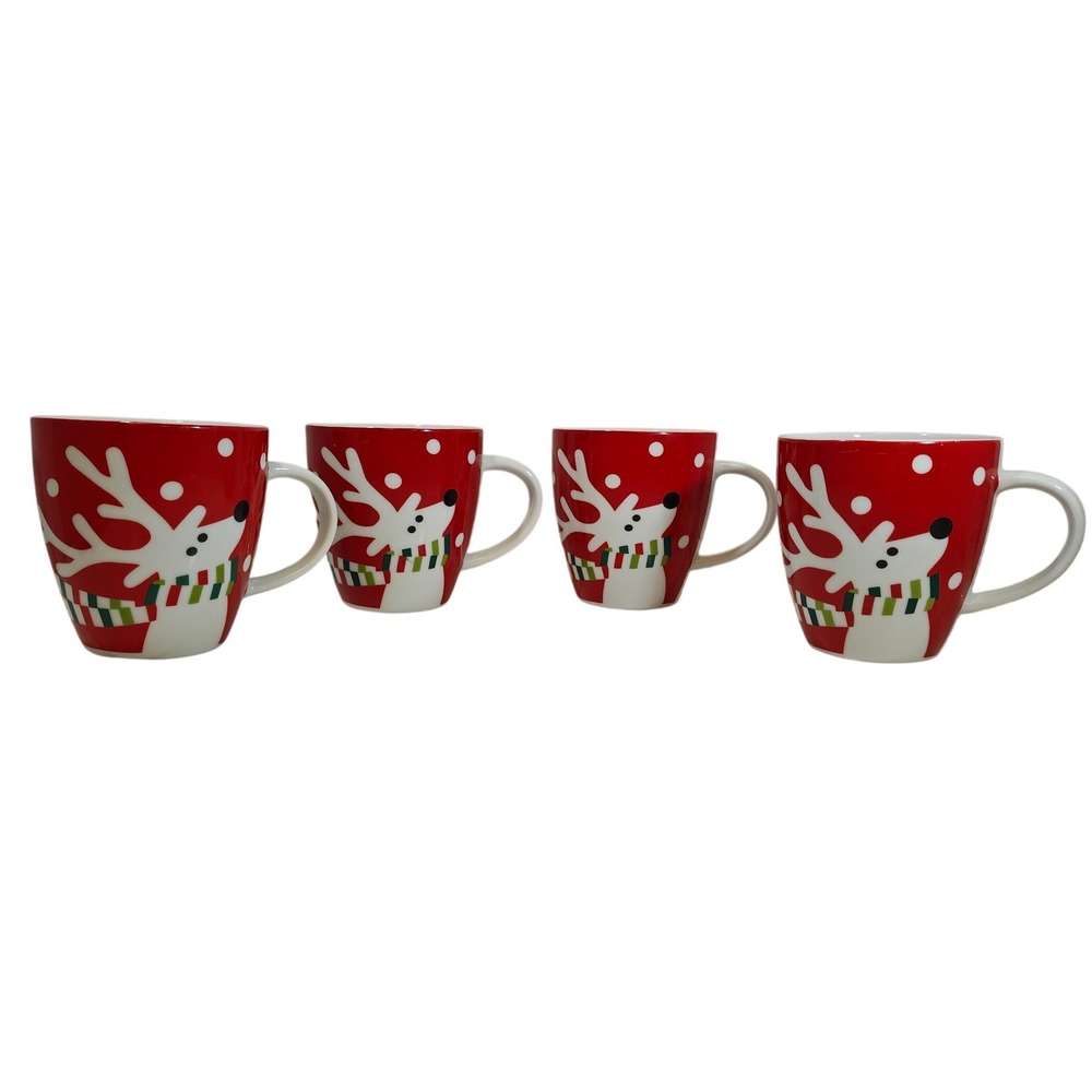 Crate & Barrel Snowy Reindeer Mugs Set of 4 Red White Polka Dot Holiday xmas